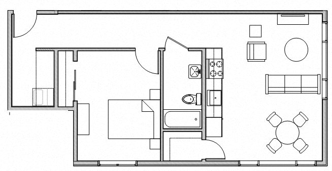 Floor plan for 1 bed, 1 bath, 702 sqft